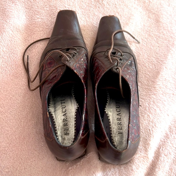 37.5 Made in Italy Leather Shoes Square Toe Low Chunky Heels Laces - Picture 7 of 12